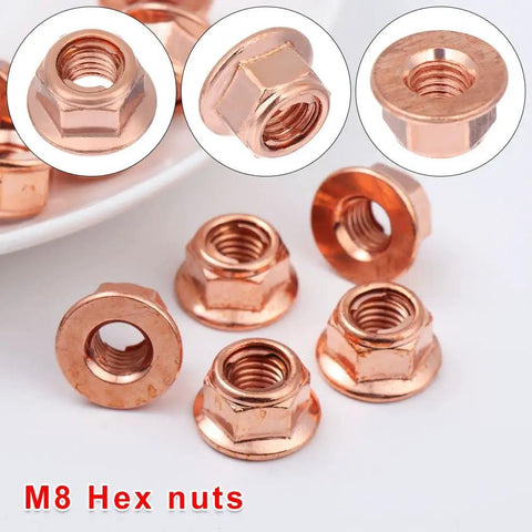 Heavy Duty 12 Pack M8 Hex Nuts For Exhaust Manifold Copper Flashed Engine Hardware High Heat Resistant Fastener Kit visible on a plate.