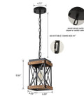 Awesome Oak Wood And Matte Black Farmhouse Pendant Light With 59 Inch Adjustable Chain and Killer Style hanging with measurements.