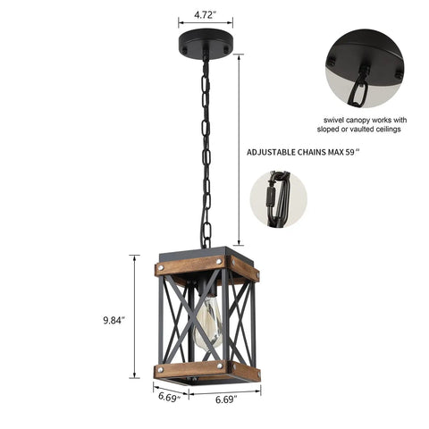 Awesome Oak Wood And Matte Black Farmhouse Pendant Light With 59 Inch Adjustable Chain and Killer Style hanging with measurements.