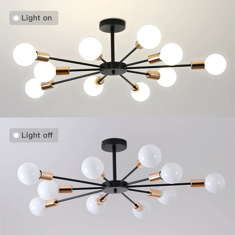 10 Light Sputnik Ceiling Light Fixture In Black And Gold Dope Semi Flush Mount Modern Close To Ceiling light on and off
