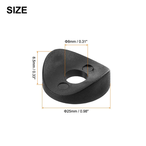 Pack Of Ten Extra Tough Nylon Spring Deck Washers, Top Shelf Concave Plastic Spacers For Seamless Machine Assembly And No Nonsense DIY Builds, Matte Black Hardware size measurement image of 8mm and 25mm.