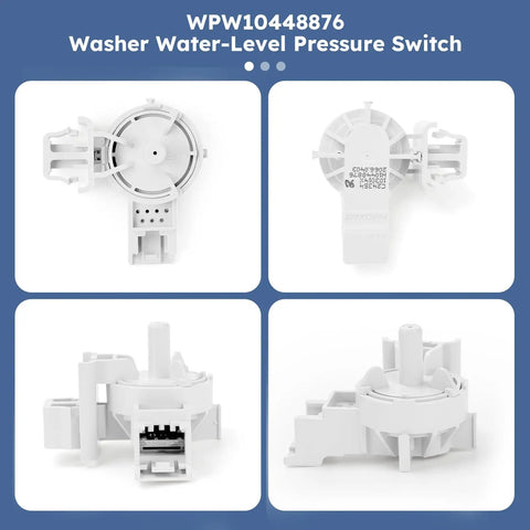 Front and side views of Washer Water Level Pressure Switch Replacement For Home Laundry, Precise Water Level Sensor, model WPW10448876.