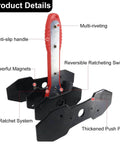 Brake Caliper Press Tool With 360 Degree Swing Ratchet Piston Compressor Pad Spreader DIY Ready Pro Grade And Two Extra Steel Plates, Adjustable From 1.57 To 2.76 Inches For Double And Four Piston Calipers Red with anti-slip handle and ratchet system.