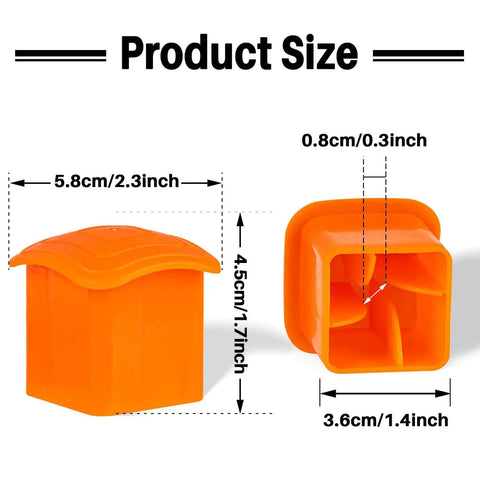 Product size of Orange Mushroom Rebar Caps Set For T Posts, 60 Pack Safety End Covers, durable PP material, multiple dimensions shown