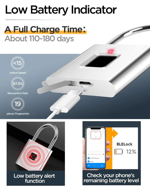 Fingerprint Padlock Keyless Biometric Lock for Luggage Suitcase Backpack bike school and gym lockers USB charging feature.