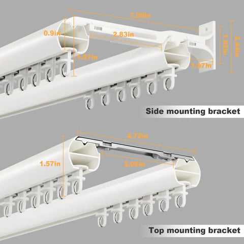 Heavy Duty Double Curtain Rod Set For Windows With Aluminum Brackets And Silent Dual Track System Decorative White Curtain Rail For Room Divider Tough As Nails For Bedroom And Living Room Drapes 180 Inch Length, side and top mounting bracket views