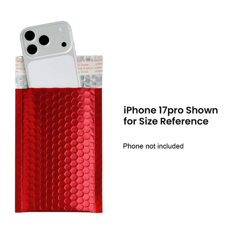 Metallic Matte Red Bubble Mailers 4 By 8 Inch Padded Envelopes With Secure Self Seal Closure, showing iPhone 17pro for size reference