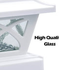 Close-up of Outdoor Solar Post Cap Lights For 4x4 5x5 6x6 Posts, featuring glass lens and white frame, text 'High Quality Glass' visible.