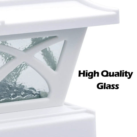 Close-up of Outdoor Solar Post Cap Lights For 4x4 5x5 6x6 Posts, featuring glass lens and white frame, text 'High Quality Glass' visible.