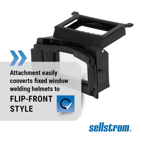 Flip Front Adapter For Welding Helmets With Nylon Lift Front Retainer, shown in black with lift-up handles for easy access.