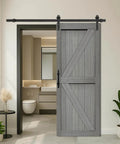 32x84 Inch MDF Light Gray Barn Door With 6.6 Ft Sliding Hardware Kit, Waterproof PVC Double-Sided Slab, installed view