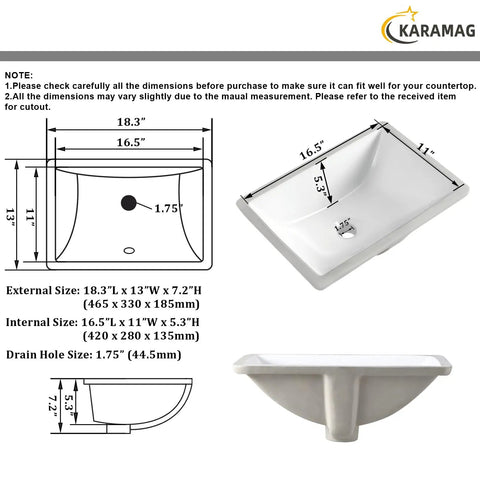 Diagram of Durable White Rectangle Undermount Sink For Vanity And Bathroom, dimensions and side view, 18.3x13 inches, vitreous ceramic