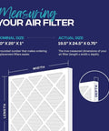 Diagram showing 20x25x1 Air Filter 6 Pack MERV 11 MPR 1000 Pleated High Efficiency with nominal and actual size dimensions.