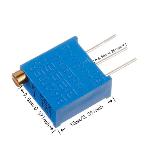 Blue 3296W multiturn trimmer potentiometer from 12 Value 60 Piece 3296W Multiturn Trimmer Potentiometer Kit for DIY Makers with dimensions