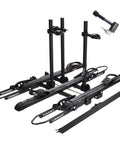 Beefy Ebike Rack With Ramp for 2 Inch Hitch, 300 Lb Capacity, Fits Bikes Up To 5 Inch Wide And 52 Inch Wheelbase, Stable V Shaped Design, Easy Load And Safe Transport, black steel 2-bike carrier with ramp and lock