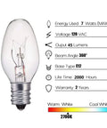 7 Watt Night Light Bulbs For Salt Lamps Replacement C7 Style Bulbs With E12 Candelabra Base 120 Volt 45 Lumens, bulb details.