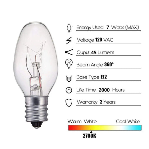 7 Watt Night Light Bulbs For Salt Lamps Replacement C7 Style Bulbs With E12 Candelabra Base 120 Volt 45 Lumens, bulb details.