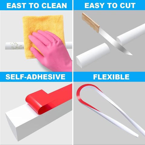 Features of 59 Inch Flexible Quarter Round Molding With Silicone Rubber Peel And Stick Shower Water Barrier including easy clean, cut, adhere, flexible