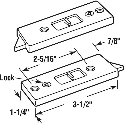 Diagram of 2-5/16 Inch White Plastic Spring Loaded Tilt Latch For Vertical Sliding Windows with dimensions and features.