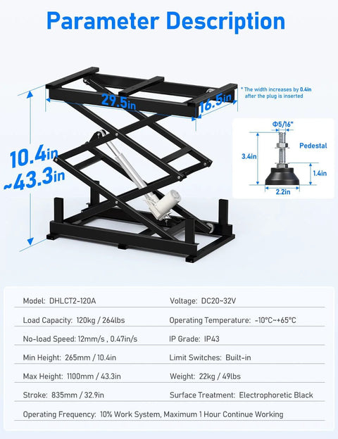 Amazon DIHOOL electric scissor lift table, black metal frame, 265 lb capacity, height 10.4-43.3 in