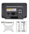Back view of 2 Axis Digital Readout DRO Display showing connectors and voltage input panel, with 9PD connector diagram.