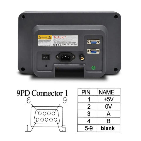 Back view of 2 Axis Digital Readout DRO Display showing connectors and voltage input panel, with 9PD connector diagram.