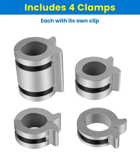 Stroke Control Kit For Hydraulic Cylinders With Adjustable Limiter Clamps shown in four sizes with finger tabs for various thicknesses.