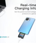 KM003C Portable USB C Fast Charging Tester With PD 3.2 And QC5.0 Digital Voltmeter And Ammeter connected to smartphone