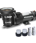 Real Deal Above Ground Pool Pump with 1.5 HP 115 Volt Motor Cranking Out 4920 GPH Flow, includes fittings and transparent cover.