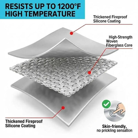 Layered structure of Emergency Fireproof Hooded Cloak For Quick Fire Escape, Life Saver Silver Silicone Coated Fiberglass Fire Blanket 59 By 63 Inches.