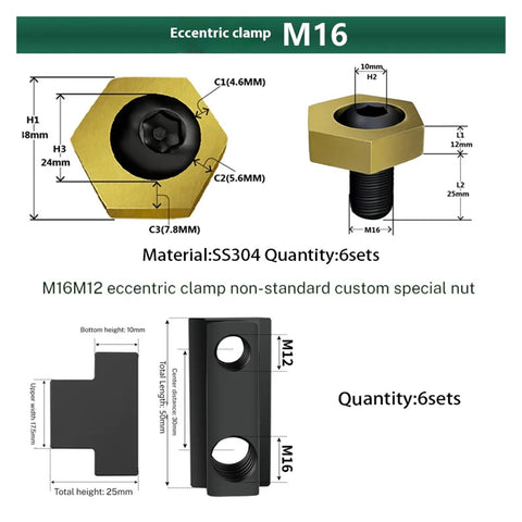 Dimensions and details of Six Piece Hex Eccentric Clamps Set with beefy stainless steel anchors for M16 threads