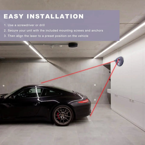 Park Smooth In Any Spot With Dual Motion Activated Laser Guides Adjustable 360 Degree Universal Car Parking Sensor and Stop Indicator with AC Adapter for Zero Curb Rash Daily installation steps with laser guides and parked car.