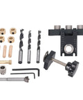 3 In 1 Doweling Jig Kit with anodized aluminum body, brass limit block, drill bits, and clamp for precise drill alignment.