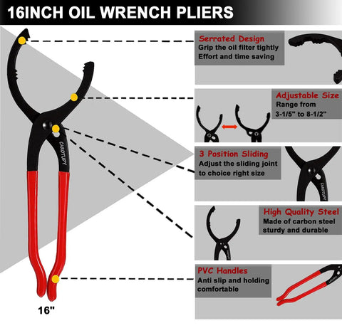 Beefed Up Adjustable Oil Filter Pliers Set With 10, 12, 14, And 16 Inch Pliers, Universal Removal Tool diagram 16-inch plier design