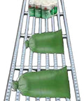 Light Duty Gravity Conveyor Slides With Smooth ABS Plastic Rollers For Effortless Cartons And Barreled Water Moving On Portable Metal Frame Unloading Pulley Silver 40cm Wide By 100cm Long supporting green bags and water bottles.