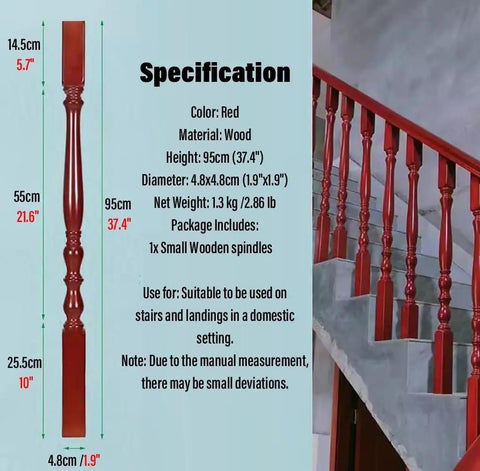 Premium Wooden Stair Spindles And Square Baluster Posts 95cm Tall in red wood, sturdy support for stair railing.