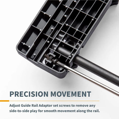 Pro Grade Router Guide Rail Adapter For Plunge Routers showing precision adjustment screws for smooth rail movement.