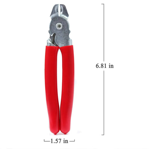 Spring Loaded Hog Ring Pliers Kit For Quick Upholstery DIY Friendly And Cage Netting Installations, red handles, dimensions shown