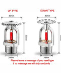 Image showing Up Type and Down Type DN15 fire sprinkler heads side by side with dimensions for quick response activation at 68 degrees Celsius.