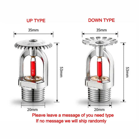 Pro Grade Fire Sprinkler Heads 5 Piece Set Slick Downward Spray 68 Celsius Activation shown with up type and down type specifications.