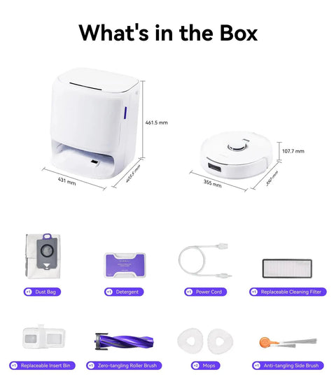 What's in the box for Freo Z10 Turbo Robot Vacuum And Mop Combo Brings Boss Level Suction With 25,000 Pa Deep Cleaning On Carpet And Hard Floors, Tangle Free Pet Hair Removal, Smart Obstacle Avoidance, Self Emptying Dock, Mop Washing, And Real Time Surface Adaptation.