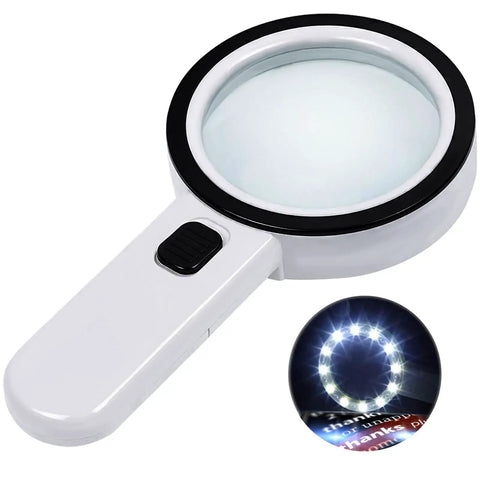Crystal Clear Lighted Handheld Magnifier With 12 LEDs For Seniors Distortion Free Optical Glass Lens For Reading Tiny Print