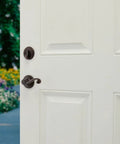 Shelburne Single Cylinder Handleset With Lido Lever And SmartKey In Venetian Bronze For Exterior Keyed Entry on white door