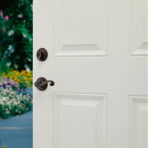 Shelburne Single Cylinder Handleset With Lido Lever And SmartKey In Venetian Bronze For Exterior Keyed Entry on white door