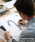 DAYONE Black Square Kitchen Faucet - Modern Pull-Down Sprayer design sketch on paper, showcasing ergonomic features and sleek lines.