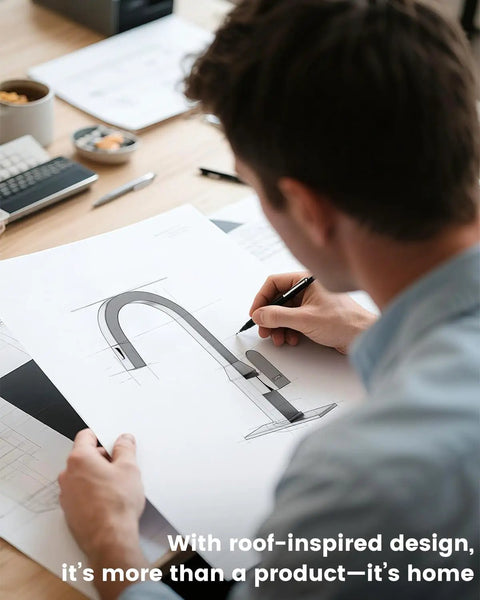 DAYONE Black Square Kitchen Faucet - Modern Pull-Down Sprayer design sketch on paper, showcasing ergonomic features and sleek lines.