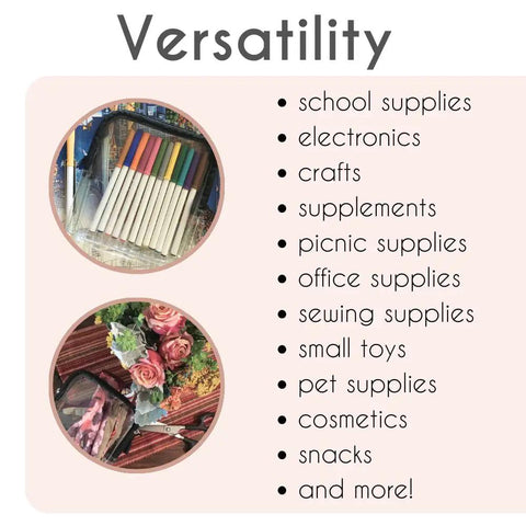 Airport-Ready TSA Approved Toiletry Bag For Carry-On Travel, Clear Quart Size shown with versatile uses like crafts and cosmetics.