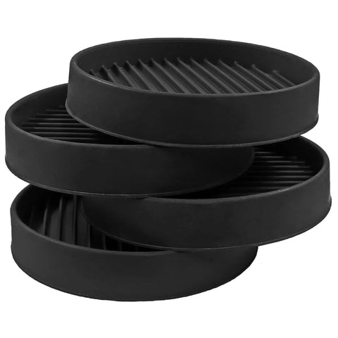 Four Pack Three Inch Round Rubber Furniture Caster Cups stacked to showcase real floor defense with scratch safe cushioning.