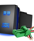 Toyota 12V Push Button Ditch Lights Switch With Wire Kit Replacement SPST On Off, black switch with blue LED glow.