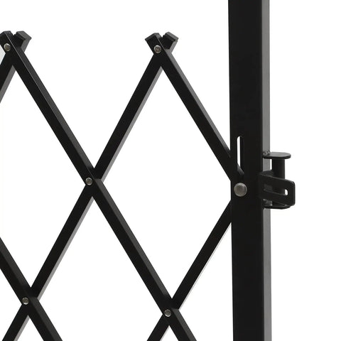 Close-up view of the Badass Expandable Folding Security Gate 51 By 36 Inch Black Rugged Steel Diamond Grid Door with locking mechanism.